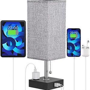 Bedside Lamp with USB Port and Outlet – Table Lamp with USB C + A Charging Port & AC Outlet for Bedroom, Small Nightstand Light for Dresser, Grey Desk Lamp with Type C for Living Room Guest Bed Side