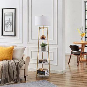 ROSEN GARDEN Floor Lamp, Standing Reading Light with Shelves and Fabric Shade, Modern Tall Pole Lamp, Accent Furniture Décor Lighting for Living Room, Bedrooms (Gold, 4-Tier)