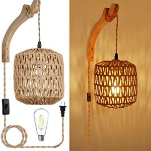 Frideko Rattan Wall Lamp with Plug in Cord Hand Woven Plug in Wall Sconces Paper Rope Wall Light Farmhouse Wall Sconce Wall Mounted Light Boho Wall Sconces Wall Lighting for Bedroom(Bulb Included)