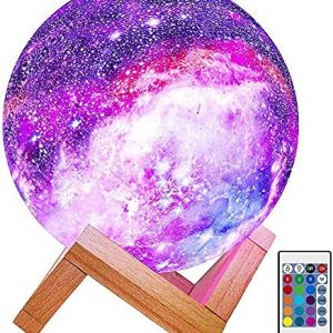 Himalayan Glow Kids Night Galaxy Lamp 5.9-inch 16 Colors LED 3D Star Moon Light with Wood Stand, Remote & Touch Control USB Rechargeable, White
