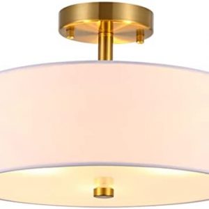 Ludil 3-Light Semi Flush Mount Ceiling Light, Drum Chandelier, 13” Ceiling Light Fixture Modern Golden Metal Hanging Fixture Lighting with White Fabric Shade for Bedroom, Kitchen, Living Room, Hallway