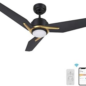 Smart Ceiling Fan with Light, Indoor/Outdoor Ceiling Fan, Compatible with DC Motor,10-speed,8 Hours Timer, Works with Remote Control/Alexa/Google Home/Siri,Schedule (52″, Black/Gold)