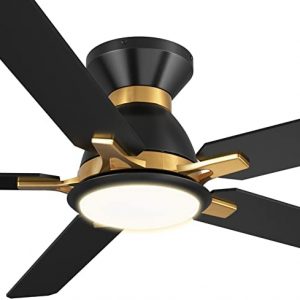 Low Profile Ceiling Fan With Lights, DC 10 Speeds Smart Ceiling Fan With Remote, 3 Light Colors Dimmable Flush Mount Ceiling Fan Compatible With Alexa, Siri & Google Home, 52 inches, Black & Gold
