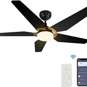 52 inch Smart Ceiling Fan with Light, 5 Blades Low Profile Ceiling Fan with 10 speed DC Motor and Dimmable LED Light, works with APP/Alexa/Google Assistant/Siri Shortcuts