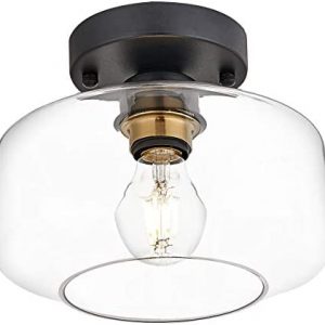 Semi Flush Mount Ceiling Light, Clear Glass Shade, Brass Accent Socket, Modern Ceiling Light Fixture with Black Finish for Kitchen, Hallway, Entryway, Dining Room, Bedroom, Cafe, Bar, Living Room