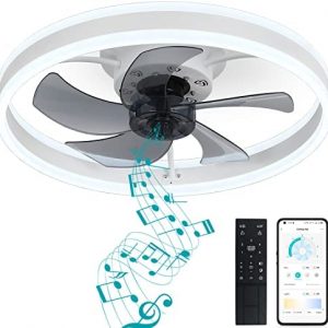 DewShrimp Flush Mount Ceiling Fan with Lights,Bladeless Ceiling Fan with Bluetooth Speaker,App and Remote Control,Quiet Low Profile Ceiling Fan,LED Stepless Dimming,3 Colors 6 Speeds Reversible,19.7in