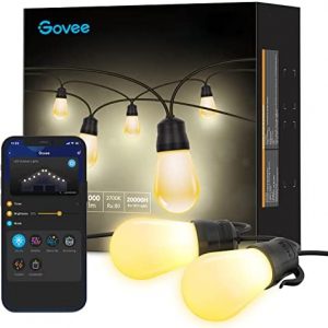 Govee Smart Outdoor String Lights, 48ft WiFi Alexa String Lights with App Control, IP65 Waterproof Outdoor Lights with 15 Dimmable Warm White LED Bulbs for Balcony, Backyard, Party