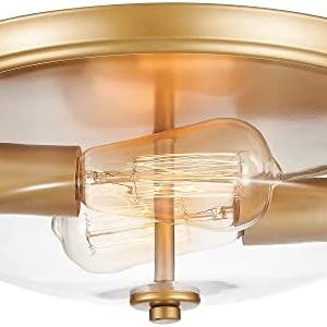 Flush Mount Ceiling Light Fixture, HANASS 12-inch Brushed Gold Flush Mount Ceiling Light, Clear Glass 2-Light Gold Ceiling Lamps for Living Room Kitchen Bedrooms Foyer Hallways, MX100010-A