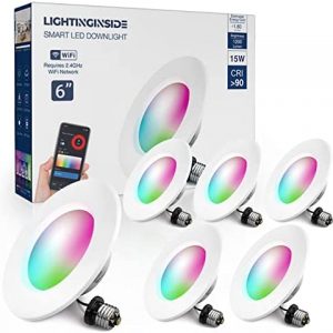 Smart Recessed Lighting, 5/6″ LED Recessed Downlights Work with Alexa and Google Home, 90+CRI, 2700-6500K+RGB LED Retrofit Ceiling Can Lights Dimmable, 15W(100W Equivalent) 1200 LM, 2.4GHz WiFi, 6PCS