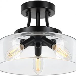 Modern Industrial Semi Flush Mount Ceiling Light with Clear Glass Shade, 3-Bulb Black Ceiling Light Fixture for Kitchen Bedroom Living Room Porch Hallway Entryway, E12 Socket, Bulbs Not Included