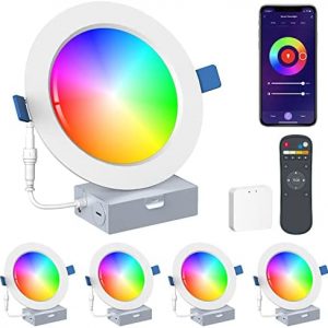 Ustellar 6inch Smart Recessed Lighting with Remote, WiFi RGBCW Color Changing Canless Recessed Ceiling Lights, Smart Downlight Wafer Soffit light Works with Alexa/Google Assistant, 15W 1100LM (4 Pack)
