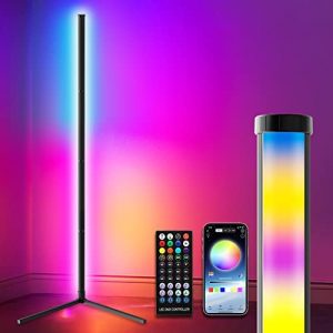 LED Corner Floor Lamp for Living Room, 63.5″ Adjustable RGB Color Changing Lamp with Remote and App Control, Dimmable LED Modern Floor Lamp for Bedroom Living Room, Music Sync, Timing, Multi Modes