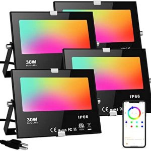 LED Flood Lights RGB Color Changing 300W Equivalent Outdoor, 30W Bluetooth Smart RGB Floodlight APP Control, IP66 Waterproof, Timing, 2700K&16 Million Colors 12 Modes for Garden Stage Lighting 4 Pack