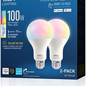 Cree Lighting Connected Max Smart Led Bulb A21 100W Tunable White + Color Changing, 2.4 Ghz, Compatible with Alexa & Google Home, No Hub Required, Bluetooth + WiFi, 2Pk, CMA21-100W-AL-9ACK-B2