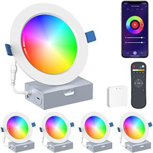 WiFi Smart Recessed Lighting 4inch with Remote, Ustellar RGBCW Color Changing Canless Ceiling Light 10W 800LM, Ultra Slim Smart Downlight Wafer Soffit Lights Works with Alexa/Google Assistant (4 Pack)