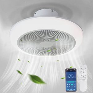 Low Profile Ceiling Fan with Light, Reversible Dimmable LED 6 speeds Enclosed Flush Mount Ceiling Fan with Remote Control , Modern Mini 72W 3 Color Bladeless Smart ceiling fans(18 inch)