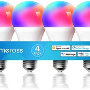 Smart Light Bulb, meross Smart WiFi LED Bulbs Compatible with Apple HomeKit, Siri, Alexa, Google Assistant and SmartThings, Dimmable E26 Multicolor 2700K-6500K RGBCW, 810 Lumens 60W Equivalent, 4 Pack