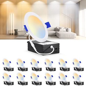 EMITEVER Ultra-Thin LED Recessed Ceiling Light,12 Pack 4Inch Dimmable Recessed Lights with Junction Box,2700K/3000K/3500K/4000K/5000K Selectable,CRI 90+,9W,750LM,US ETL and Energy Star Certified