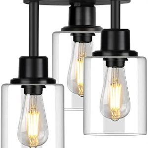 Semi Flush Mount Ceiling Light, 3-Light Close to Ceiling Light Fixtures, Matte Black Kitchen Light Fixtures with Clear Glass Shades, Hallway Light Fixtures Ceiling Mount for Foyer Entryway