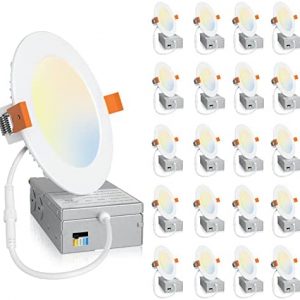 Amico 20 Pack 4 Inch 5CCT Ultra-Thin LED Recessed Ceiling Light with Junction Box, 2700K/3000K/4000K/5000K/6000K Selectable, 11W Eqv 70W, Dimmable Can-Killer Downlight, 800LM High Brightness – ETL