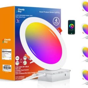 [4 Pack]Cloudy Bay 8 inch Smart WiFi LED Recessed Lights,20W RGBCW Color Changing Recessed Lighting,Compatible with Alexa and Google Home Assistant,No Hub Required,2700K-6500K,CRI90+ Wet Location
