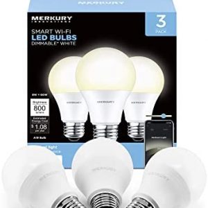 Merkury Innovations Smart Light Bulb, A19/E26 Dimmable White LED, 800 Lumens, Requires 2.4GHz WiFi, 9W, 3-Pack, Eco-Friendly, Alexa and Google Assistant Voice Control and Programmable