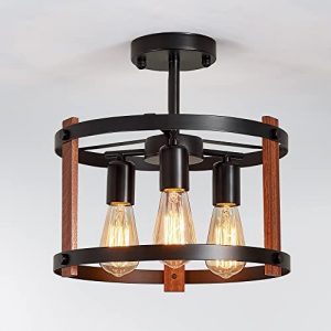 LEDIARY Semi Flush Mount Ceiling Light, 3-Light Farmhouse Wood Ceiling Light with Black Metal, Hallway Light Fixtures Ceiling for Entryway, Kitchen, Dining Room, Bedroom