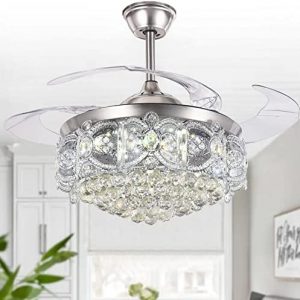 BIGBANBAN 42″ Crystal Chandelier Fan with Light Remote Control, Silver Retractable Ceiling Fan 3 Colors LED Light 3 Speeds Modern Smart Fandelier for Dinning Room Bedroom