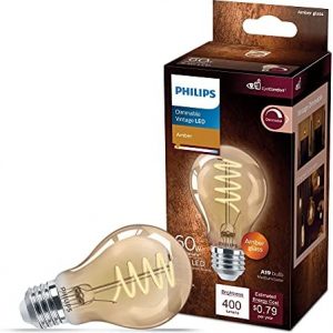 Philips LED Vintage Flicker-Free Amber Spiral A19, Dimmable, Eyecomfort Technology, 400 Lumen, Amber Light(2000K), 6.5W=60W, Title 20 Certified , E26 Base, 1-Pack (565796)