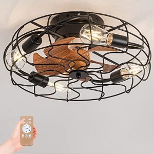 AONNTOO Caged Ceiling Fan with Lights, Black 20 Inch Small Industrial Ceiling Fan, Modern Smart Ceiling Fan with Light and Remote for Bedroom, Living Room, Hallway( Not included Light Bulb)