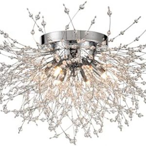 DIRYZON 6-Light Crystal Sputnik Ceiling Light Modern Firework Close to Ceiling Light Semi Flush Mount Dandelion Chandelier for Kitchen Bedroom Entryway,Chrome