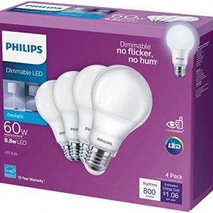 Philips LED- Dimmable A19 Light Bulb, EyeComfort Technology, 800 Lumen, Daylight (5000K), 8.8W=60W, E26 Base, Title 20 Certified, 4 Bulbs