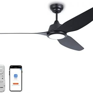 Ovlaim 56” IP44 Indoor Outdoor Ceiling Fan, Quiet DC Motor Large Modern Black Ceiling Fan with Light Remote Control, 3 Blade Smart Ceiling Fan for Patio Living Room