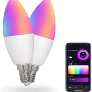 MoesGo Smart Candelabra Led Light Bulbs, WiFi E12 Smart Bulbs, 2700K-6500K CW& RGB Dimmable, Smart Life/Tuya APP Remote Control, Work with Alexa/Google Home, 470lm 5W (40W Equivalent) 2 Pack No Hub