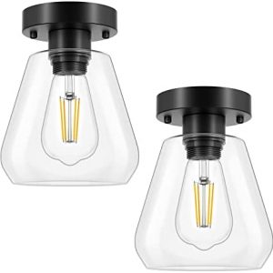 Licperron Hallway Light Fixtures Ceiling Mount, Industrial Modern Semi Flush Mount Ceiling Light, Clear Glass Pendant Lamp Shade, Black Farmhouse Lighting for Entryway, Kitchen, Bedroom (2 Pack)