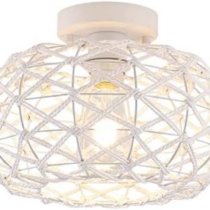 Nomita Modern White Woven Flush Mount Light Fixture Hemp Rope Cage Semi Flush Mount Ceiling Light for Hallway Bedroom Kitchen Entryway Farmhouse, White