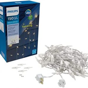 Philips 150 Twinkling LED Warm White Faceted Mini Icicle Lights on White Wire – 30 Drops – UL Listed for Indoor/Outdoor Use – 16.8′ Length with 3″ Bulb Spacing and 6″ Drop Spacing – Winter Decorations