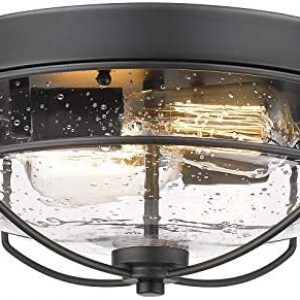 HWH INVESTMENT Flush Mount Ceiling Light Fixtures, 12 inch 2-Light Farmhouse Close to Ceiling Light Fixture with Seeded Glass Shade, Sand Black Finish, 5HTJ7-F BK