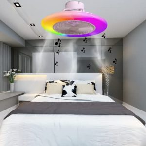 22″ Low Profile Bladeless Ceiling Fan with Light and Bluetooth Speaker – 3 in 1 Indoor Flush Mount RGB Dyson Fan, LED light with 93 colors, Built-in Bluetooth Speaker. Remote & APP- Smart Control