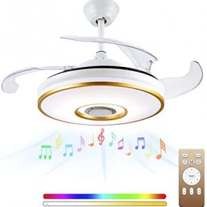 LED Ceiling Fan Light D42” Modern Retractable White Chandelier,Bluetooth Ceiling Fan 6 Speed 3 Timer RGB Light Color with Remote Control and APP