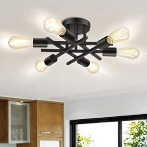HOPERAN 6 Lights Semi Flush Mount Ceiling Light Fixtures, Kitchen Light Fixtures Ceiling Mount, Easy Assembled Modern Matte Black Ceiling Light wtih E26 Bulb Base for Dining Room Bedroom Living Room.