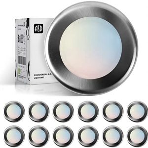 ASD 4 Inch Flush Mount Ceiling Light, 5CCT 2700/3000/3500/4000/5000K, Wet Rated Dimmable LED Disk Light, CRI 90, J-Box or Recessed Can, Nickel Finish, 650 LM, 10W (85W Eqv.), Energy Star, UL,12 Pack