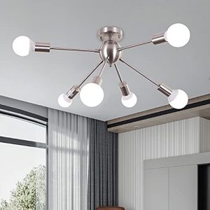 LASENCHOO 6 Lights Sputnik Chandeliers, Modern Semi Flush Mount Ceiling Light Mid-Century Pendant Light Fixture, Brushed Nickel Ceiling Lamp for Living Kitchen Bedroom Dining Room