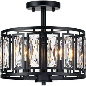 Modern Crystal Semi Flush Mount Ceiling Light Industrial Close to Ceiling Light Crystal Drum Shade Chandelier, 3-Light Black Ceiling Lamp for Dining Room Bedroom Kitchen Island Hallway Entryway