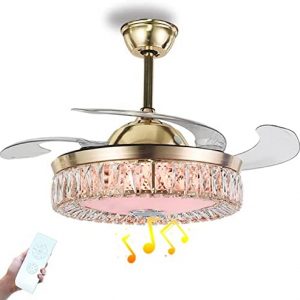 42″ Modern Crystal Ceiling Fan with Light and Music Player Chandelier Ceiling Fan with Remote Control Fandelier 7 Colors Retractable Blades with Remote Control Lighting Fixture for Bedroom(Gold)