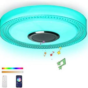 COLRJADELY Bathroom Ceiling Light Waterproof Shower Light with Bluetooth Speaker Flush Mount Ceiling Fixture Dinmmable RGB Color Change, App+Remote Control Led Music Ceiling Lamp for Kids Room Bedroom