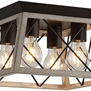 Q&S Farmhouse Ceiling Light Oak Semi Flush Mount Vintage 4-Light Square Rustic Island Light Fixtures for Entryway Hallway Dining Room Living Room Bedroom