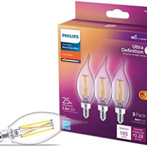 Philips LED Ultra Definition Flicker-Free Dimmable, Eye Comfort Technology, Soft White 2700K BA11 Clear Glass Light Bulb, 185 Lumen, 2.3W=25W, E12 Base, Title 20 Certified, 3-Pack (566653)