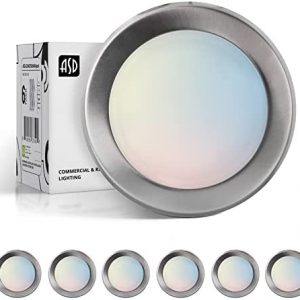 ASD 6 Inch Flush Mount Ceiling Light, 5CCT 2700/3000/3500/4000/5000K, Wet Rated Dimmable LED Disk Light, CRI 90, J-Box or Recessed Can, Nickel Finish, 1150 LM, 15W (130W Eqv.), Energy Star, UL, 6 Pack