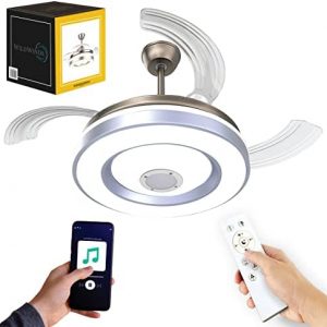 WILDWINDS 42″ Retractable Ceiling Fan With Bluetooth Music Player Speakers | 3 Dimmable LED Lights With Adjustable Speed & Remote Voice Control | Perfect For Bedroom, Living Room & Kitchen